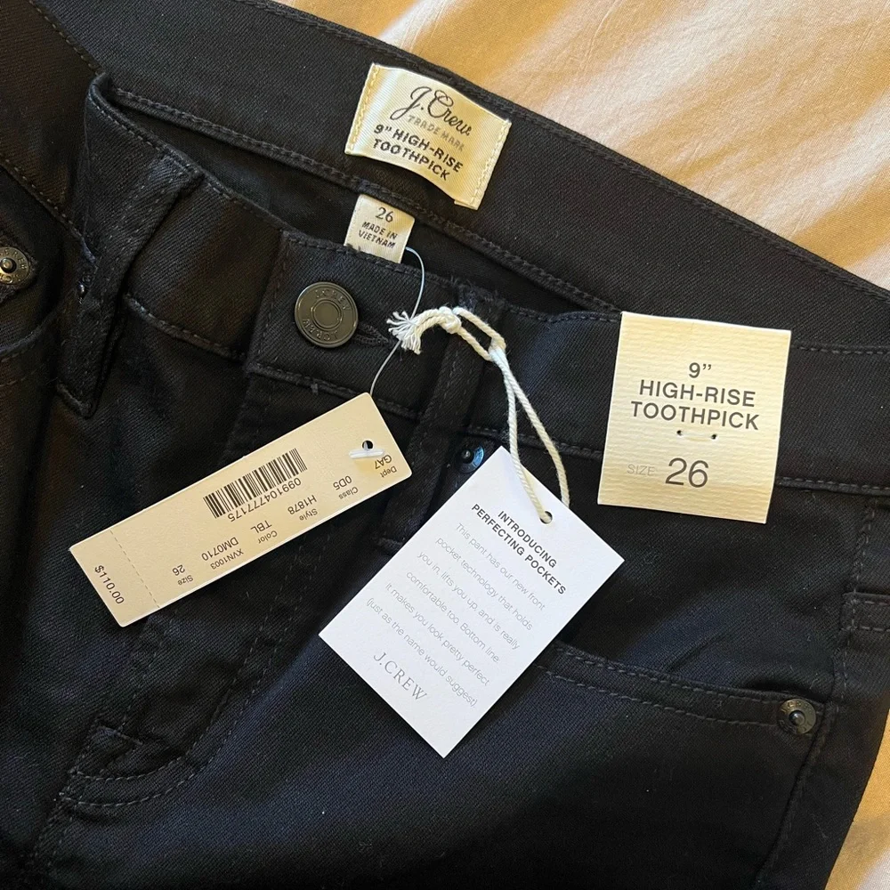 NWT J Crew toothpick‎ black skinny jeans 9” high rise stretch denim size 26